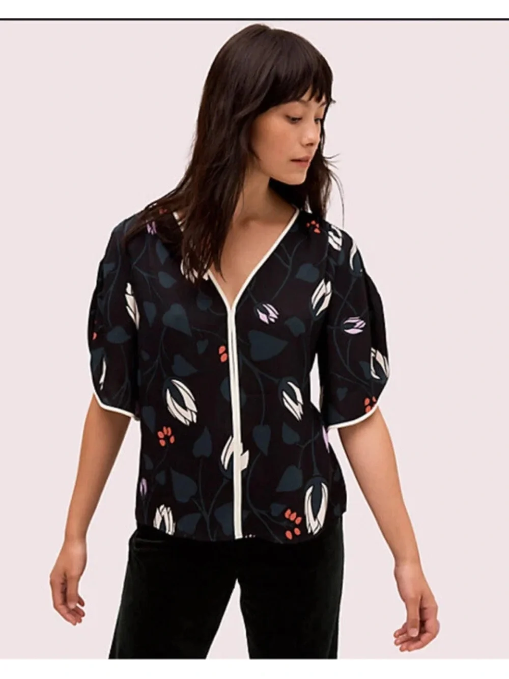 Kate Spade Deco Bloom Crepe Blouse Black Floral Lotus XS